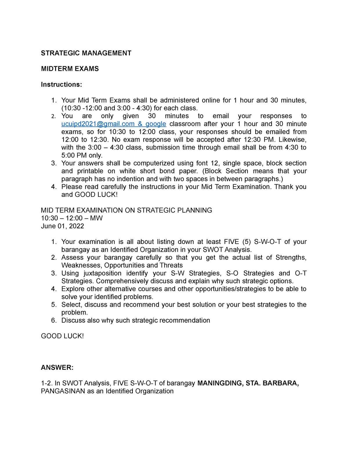 Strategic Management - STRATEGIC MANAGEMENT MIDTERM EXAMS Instructions ...