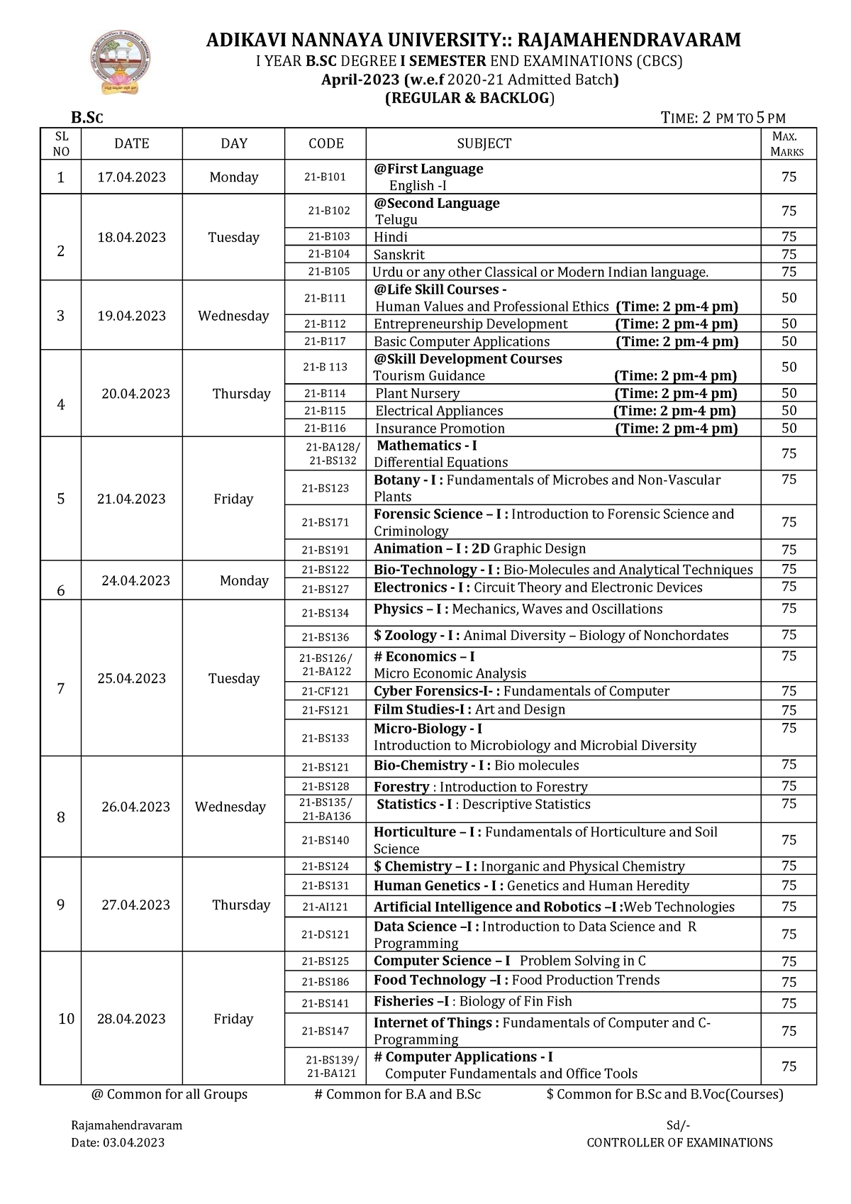 I SEM (R&B) Time Table April - 2023 - I YEAR B DEGREE I SEMESTER END ...