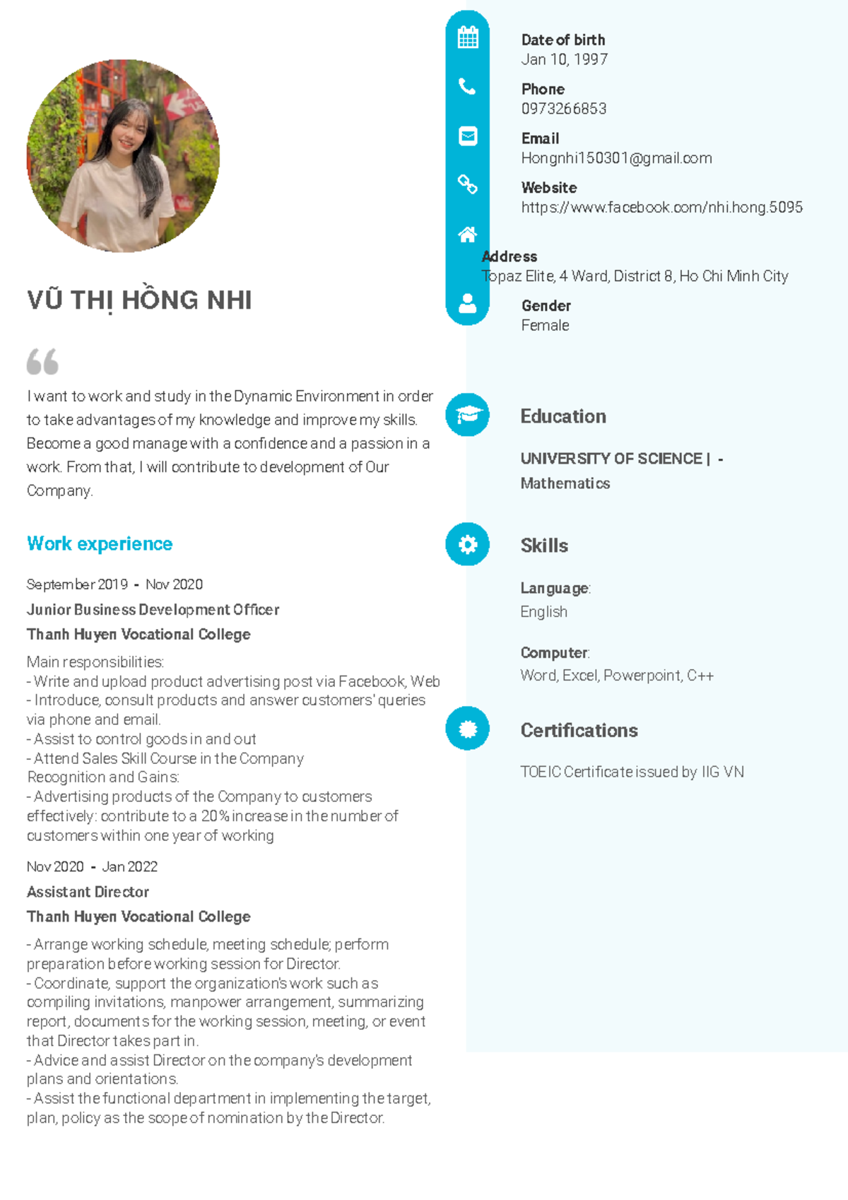 Vu Thi Hong Nhi Top CV - Kkk - I want to work and study in the Dynamic ...