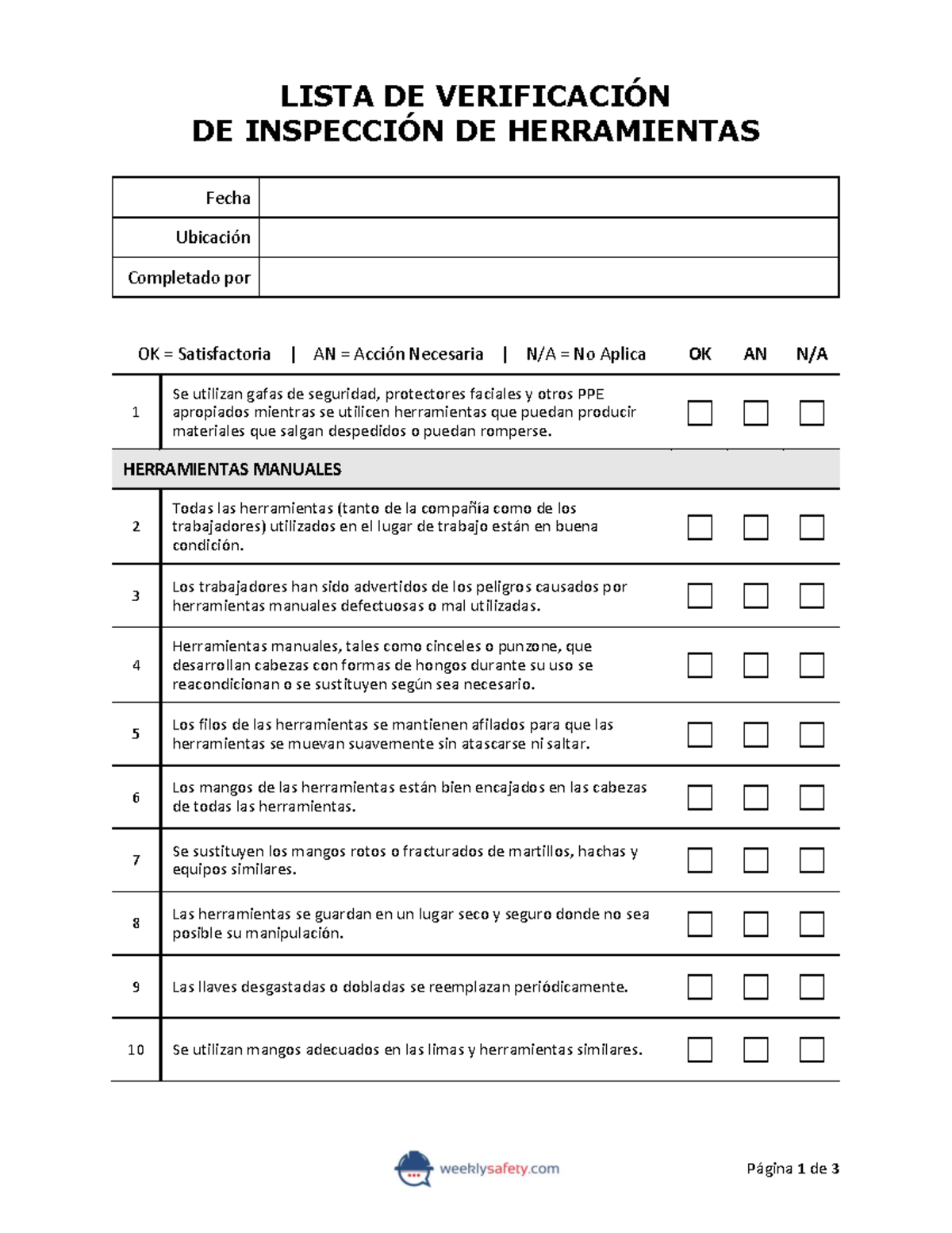 Tools Inspection Checklist Spanish - LISTA DE VERIFICACIÓN DE ...