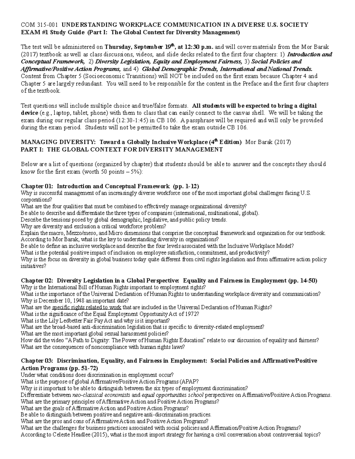 COM 315 - Exam One Study Guide - COM 315-001 UNDERSTANDING WORKPLACE ...