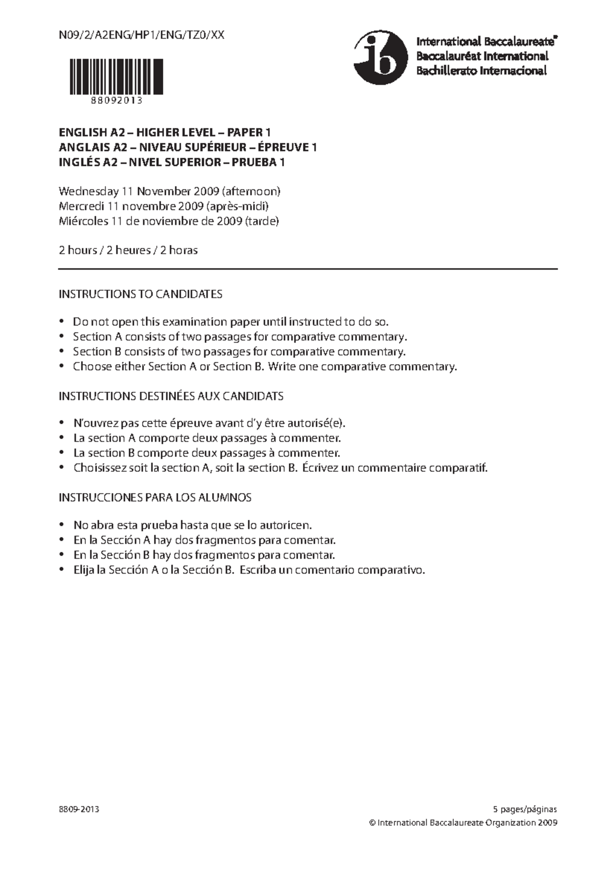 English A2 paper 1 HL N09/2/A2ENG/HP1/ENG/TZ0/XX ENGLISH A2 HIGHER