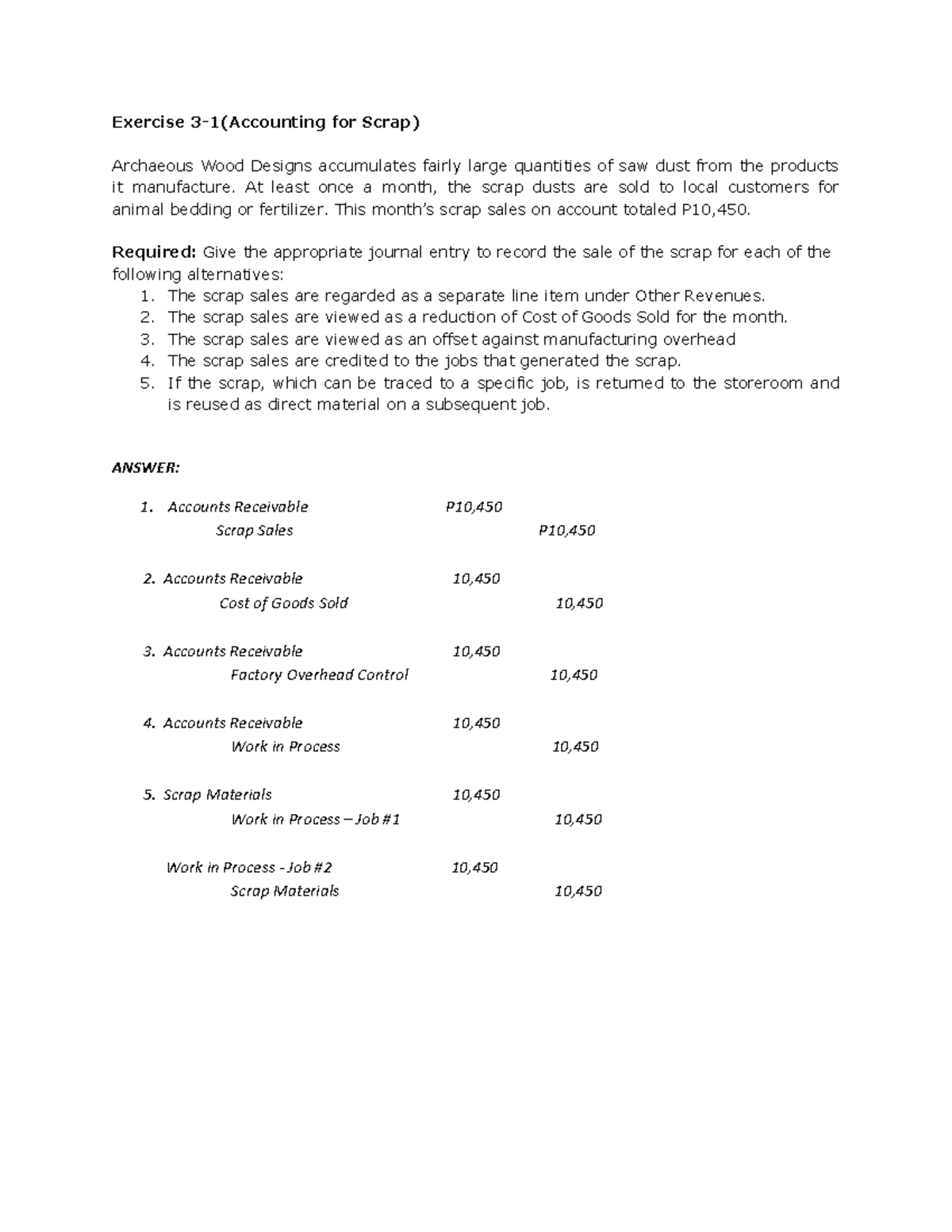 Chapter 3 Product Costing Exercises - Exercise 3-1(Accounting for Scrap ...