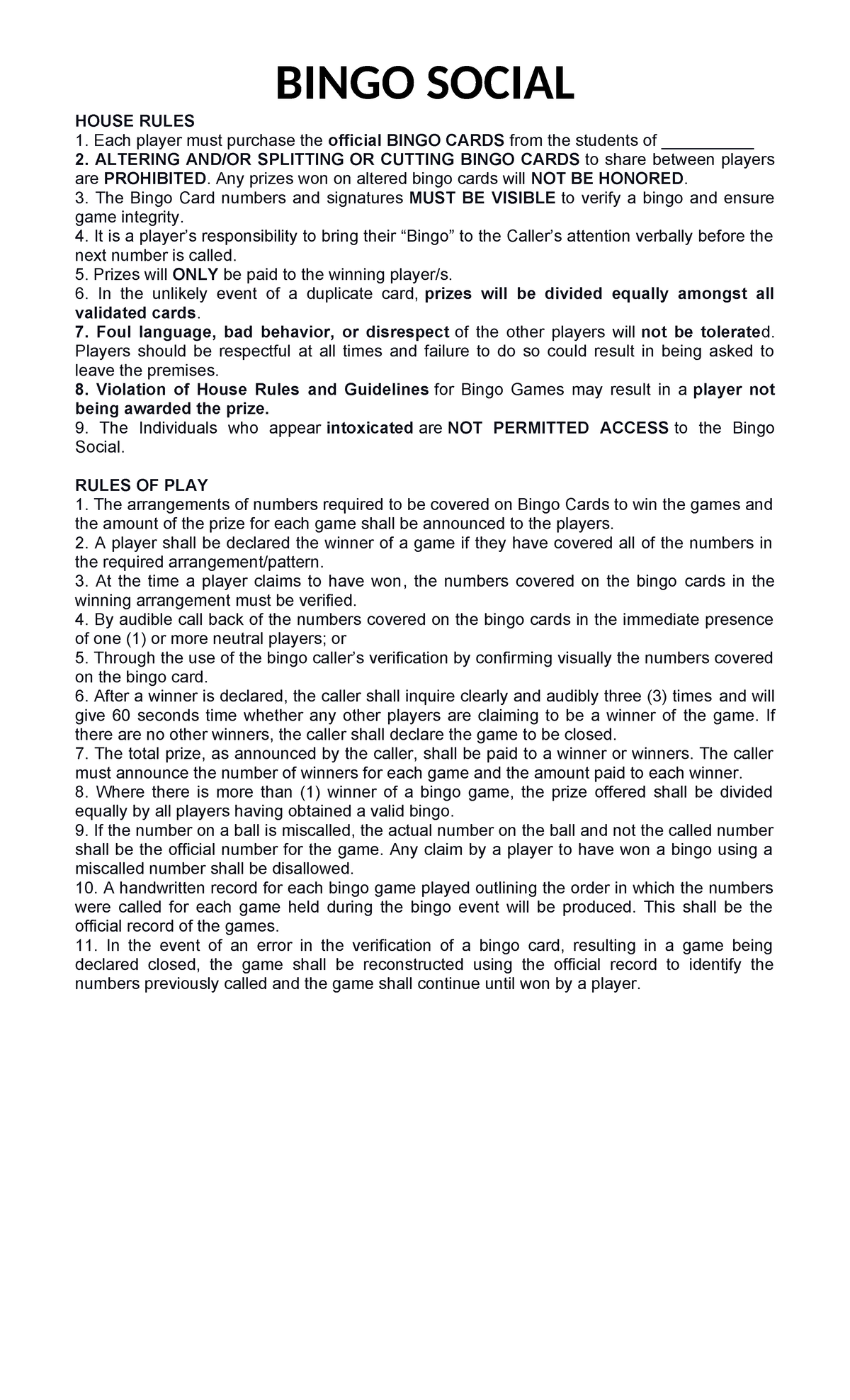 Bingo House Rules BINGO SOCIAL HOUSE RULES Each Player Must Purchase 