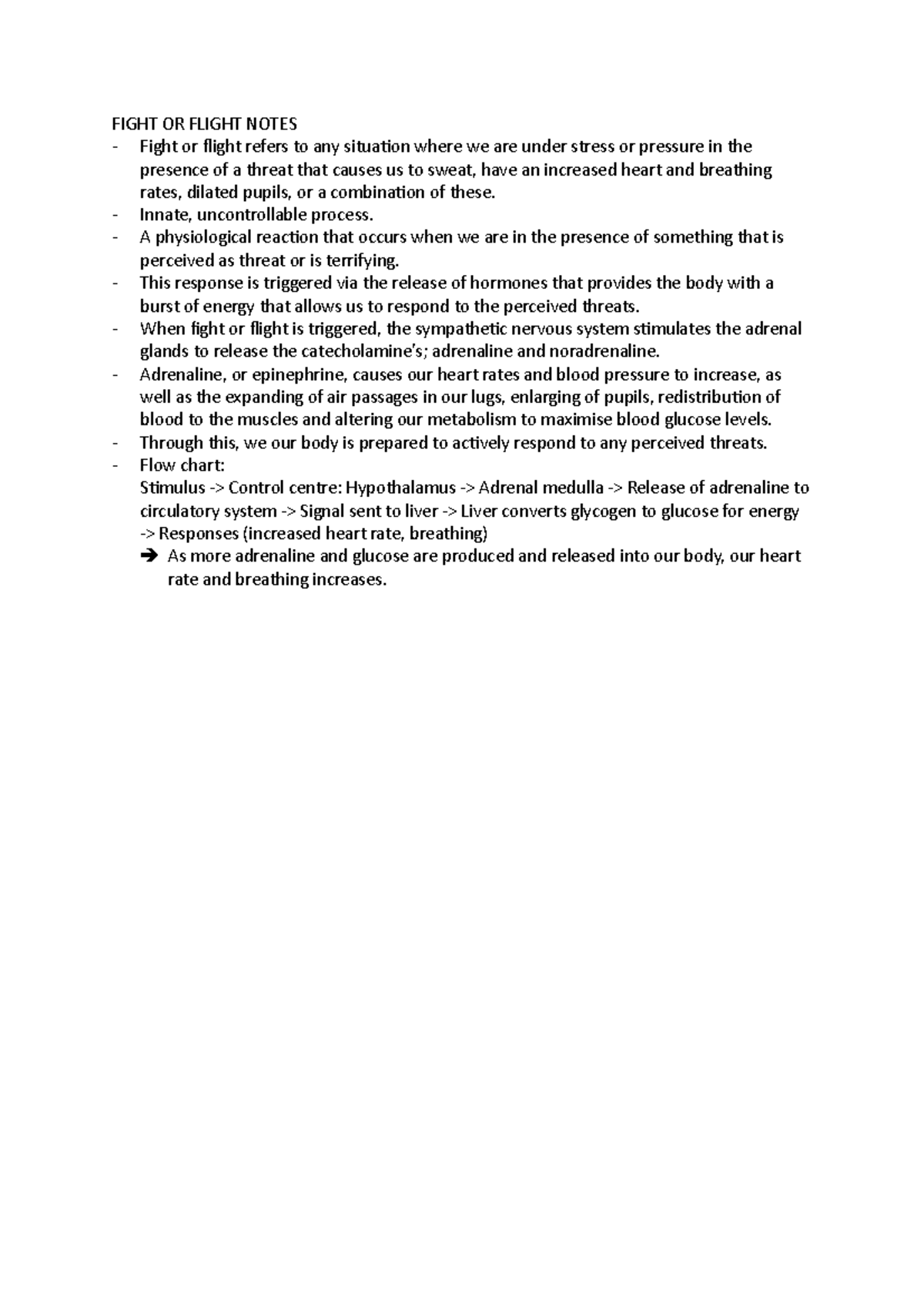 Fight or Flight - FIGHT OR FLIGHT NOTES Fight or flight refers to any ...