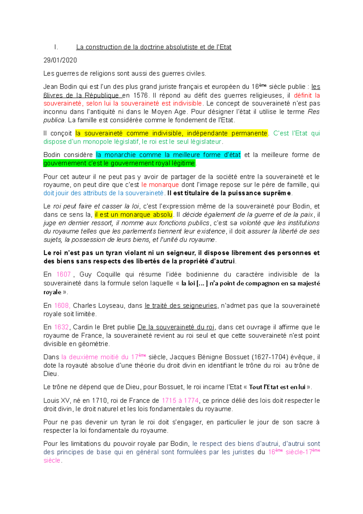 Cardin Le Bret De La Souveraineté Du Roi Histoire moderne - I. La construction de la doctrine absolutiste et de  l'Etat 29/01/ Les guerres de - Studocu