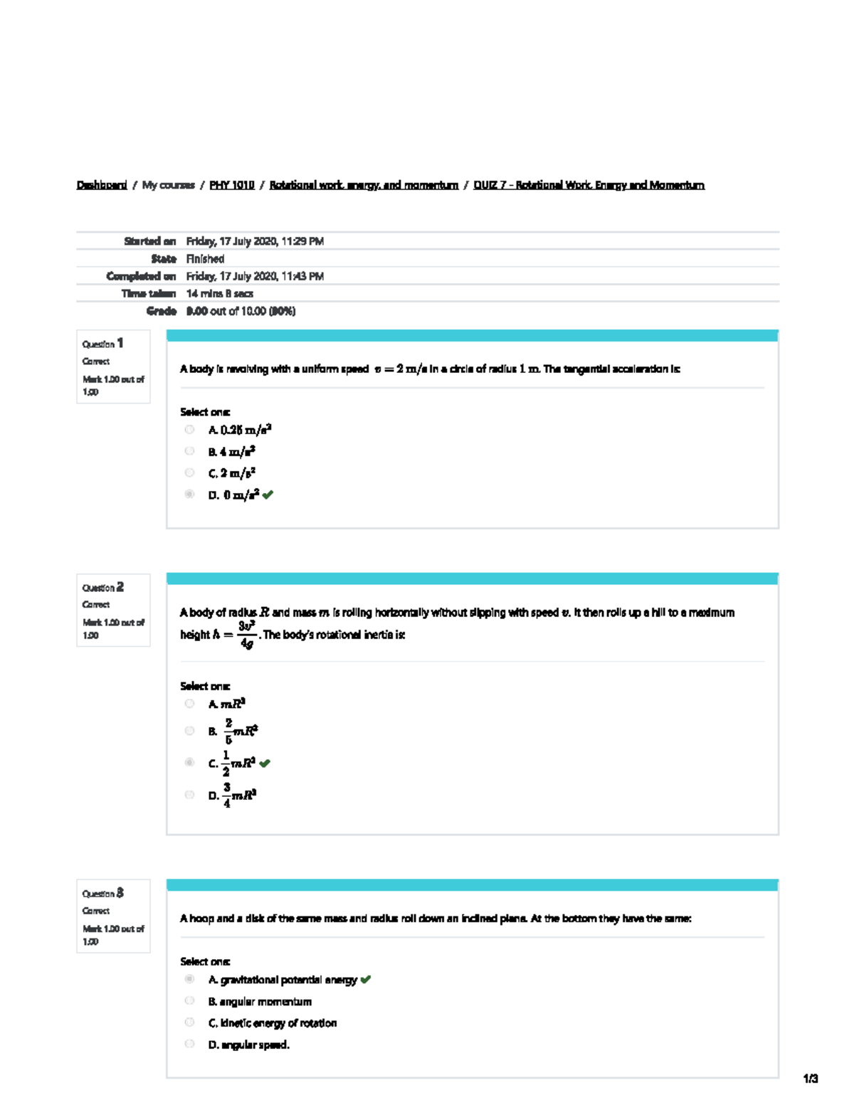 QUIZ 7 - Rotational Work, Energy and Momentum - Introductory Physics ...