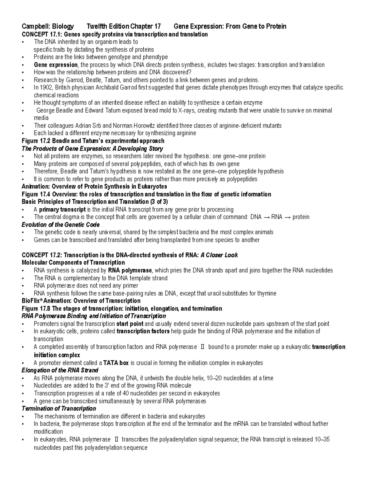 Notes 17 Gene Expression - Campbell: Biology Twelfth Edition Chapter 17 ...