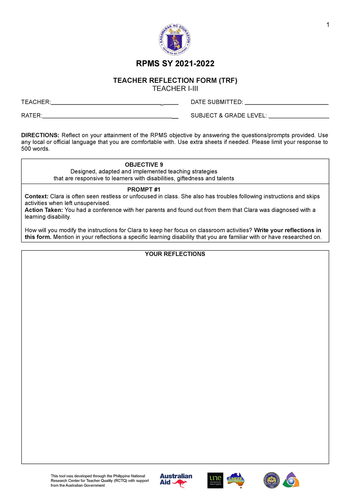 Appendix 4A Teacher Reflection Form for T I III for RPMS SY 2021 2022 ...