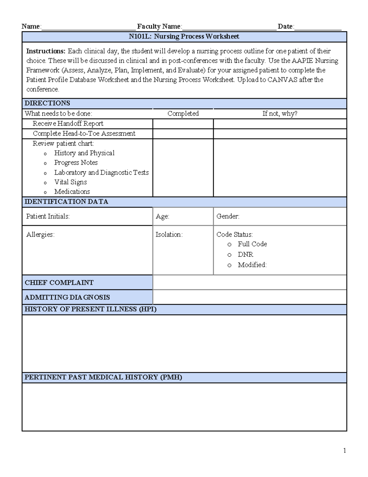 N101L NPW Worksheet - Name:__________________________ Faculty Name