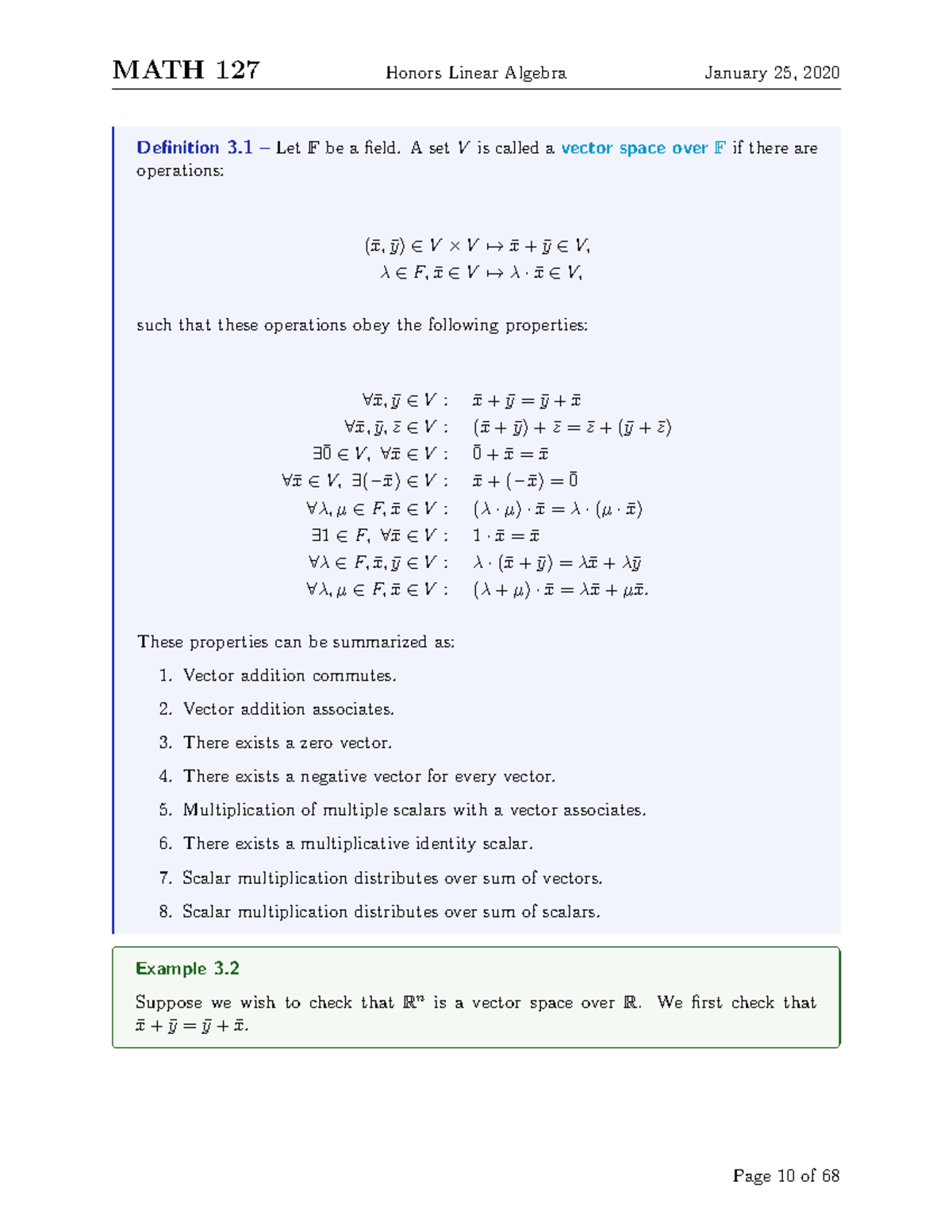 MATH 235-10 - Lecture notes 10 - MATH 127 Honors Linear Algebra January ...