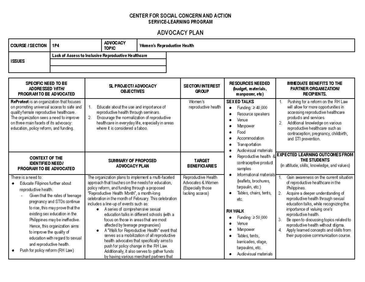 Advocacy PLAN Final - CENTER FOR SOCIAL CONCERN AND ACTION SERVICE ...
