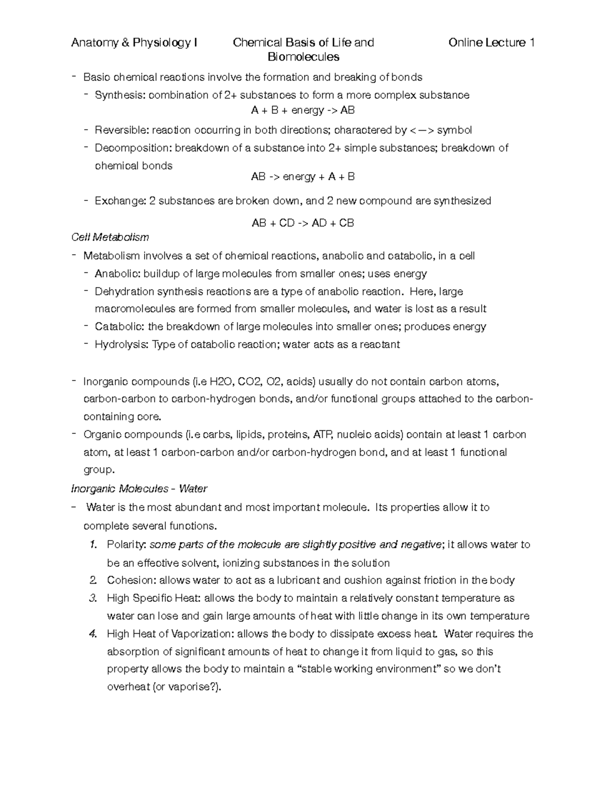 Anatomy & Physiology I; Online Lecture 1; Biomolecules (PDF ...