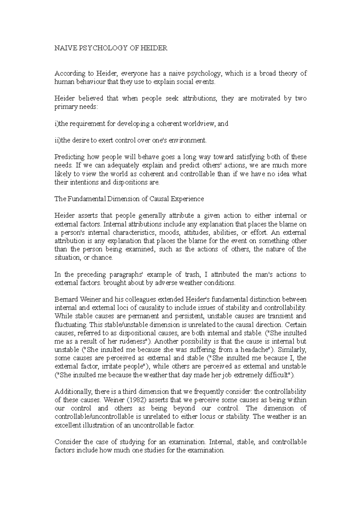Naive Psychology OF Heider - NAIVE PSYCHOLOGY OF HEIDER According to ...