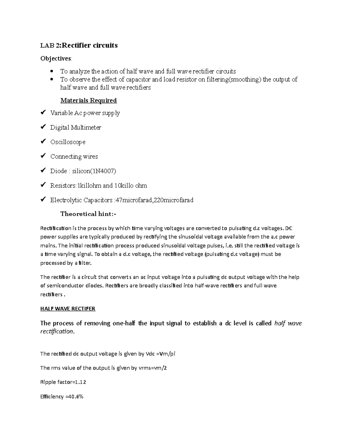 Circuit 2 report LAB 2Rectifier circuits Objectives To analyze the