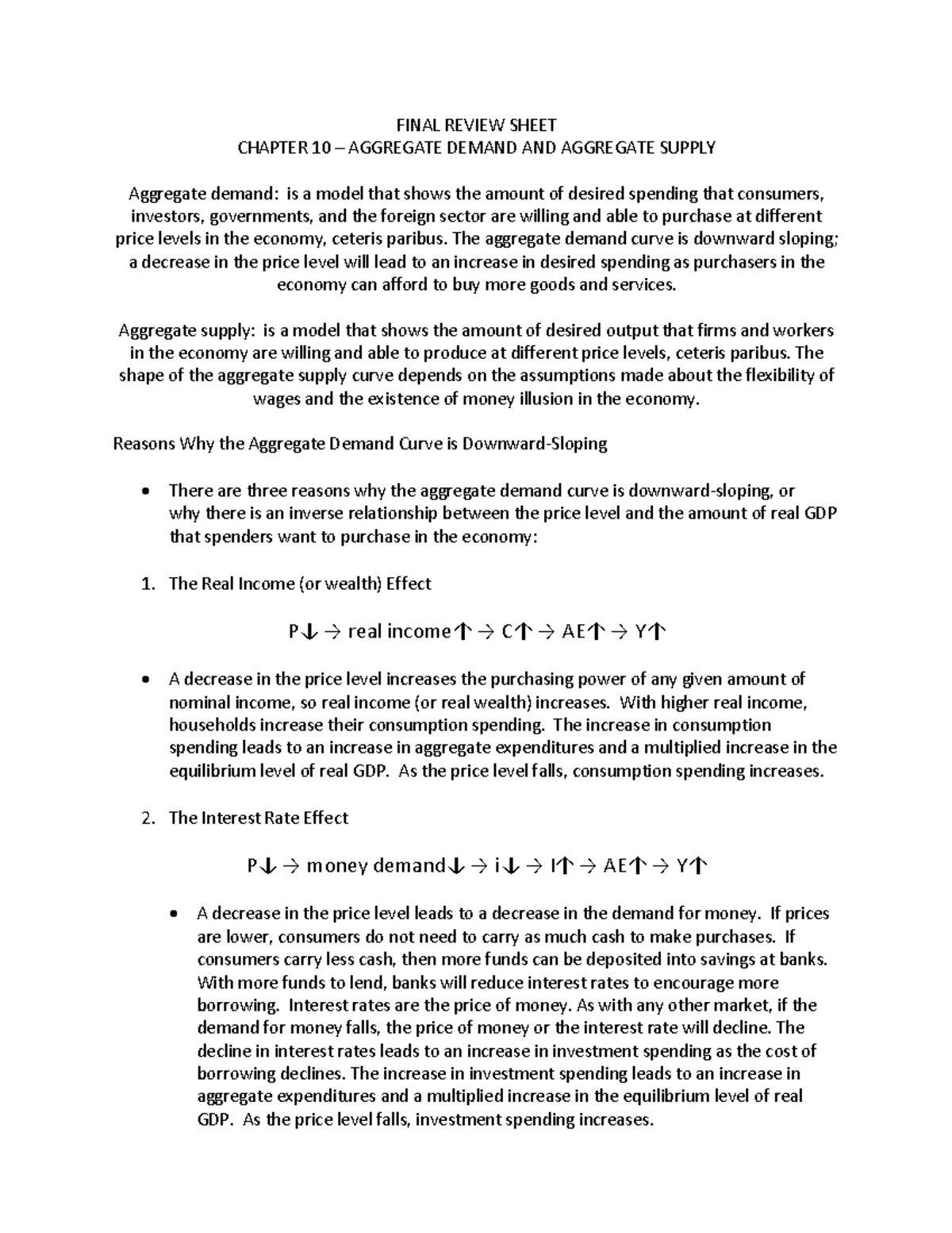 Review ch10 - FINAL REVIEW SHEET CHAPTER 10 – AGGREGATE DEMAND AND ...