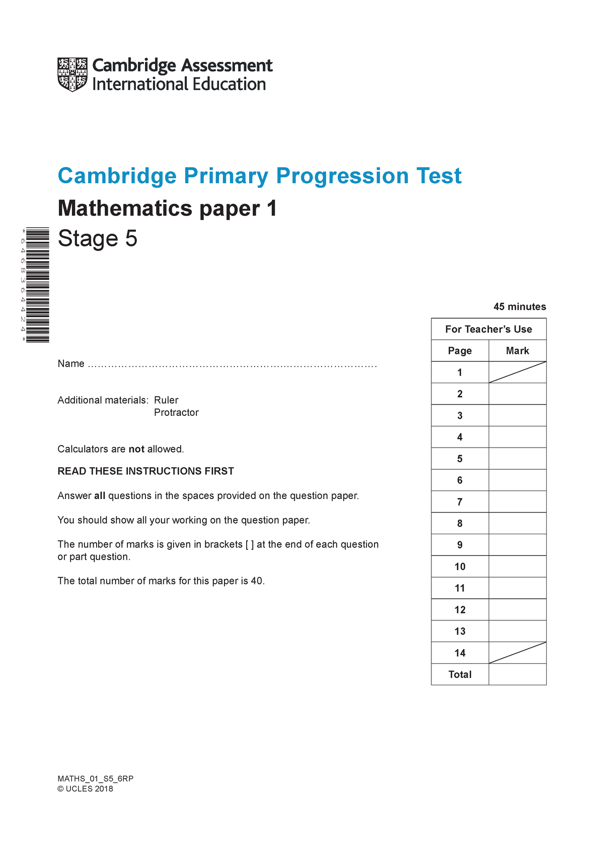 2018 Cambridge Primary Progression Test Maths Stage 5 QP Paper 1 Tcm142 ...