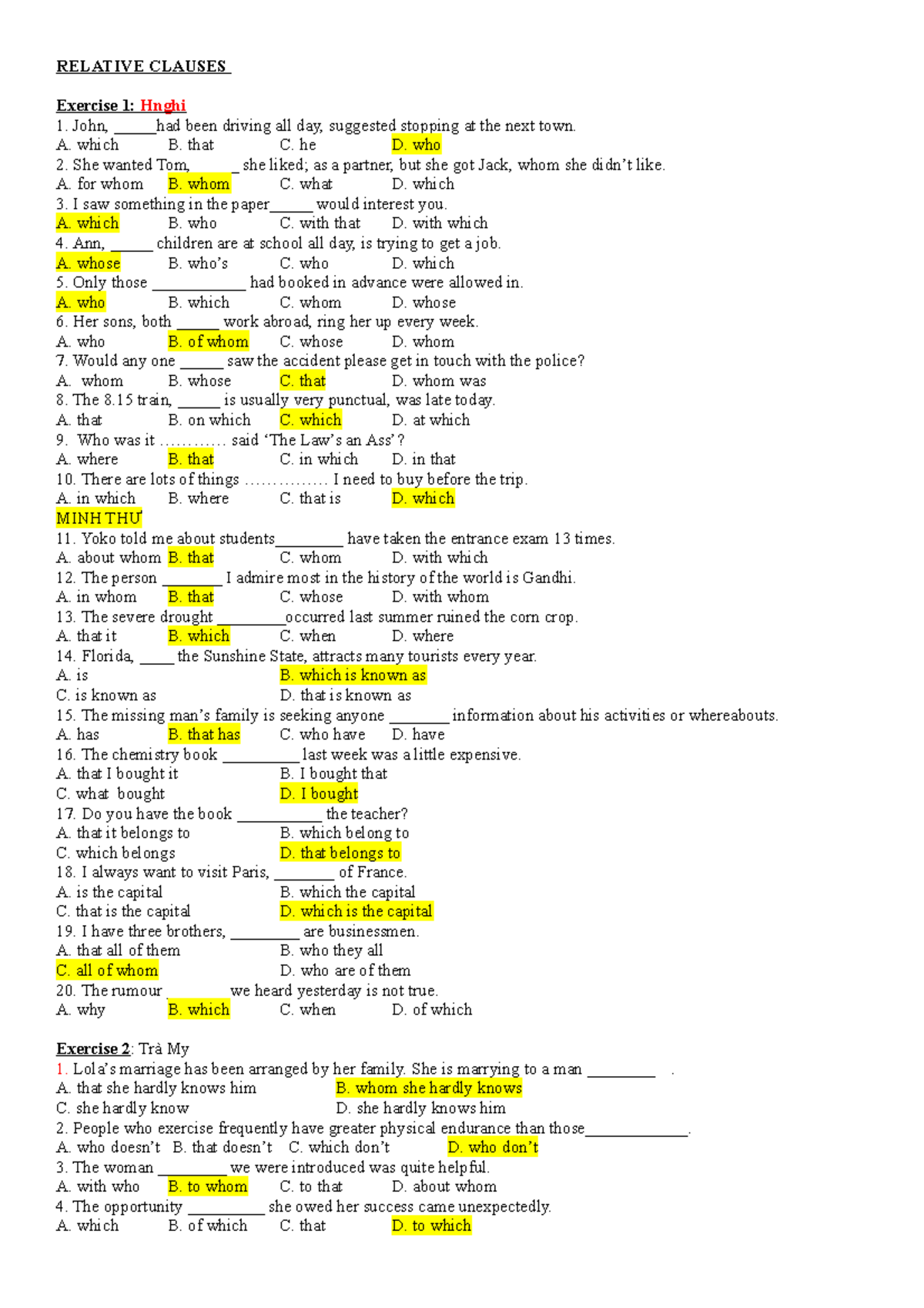 Relative Clauses practice unit 6 - RELATIVE CLAUSES Exercise 1: Hnghi ...