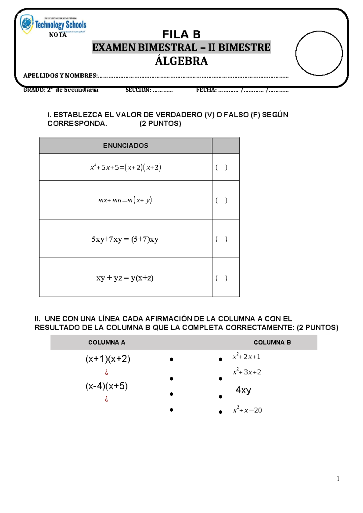 EX BIM (IIB-18) ALG II Sec FILA B - FILA B EXAMEN BIMESTRAL – II ...