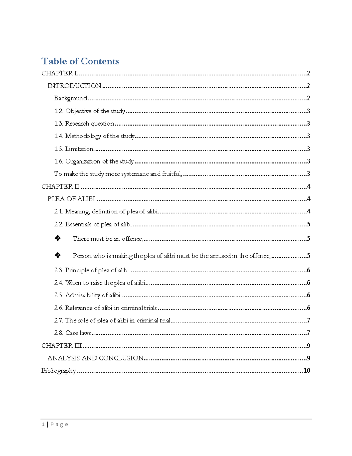 PLEA OF Alibi AND law of evidence - Table of Contents CHAPTER I - Studocu