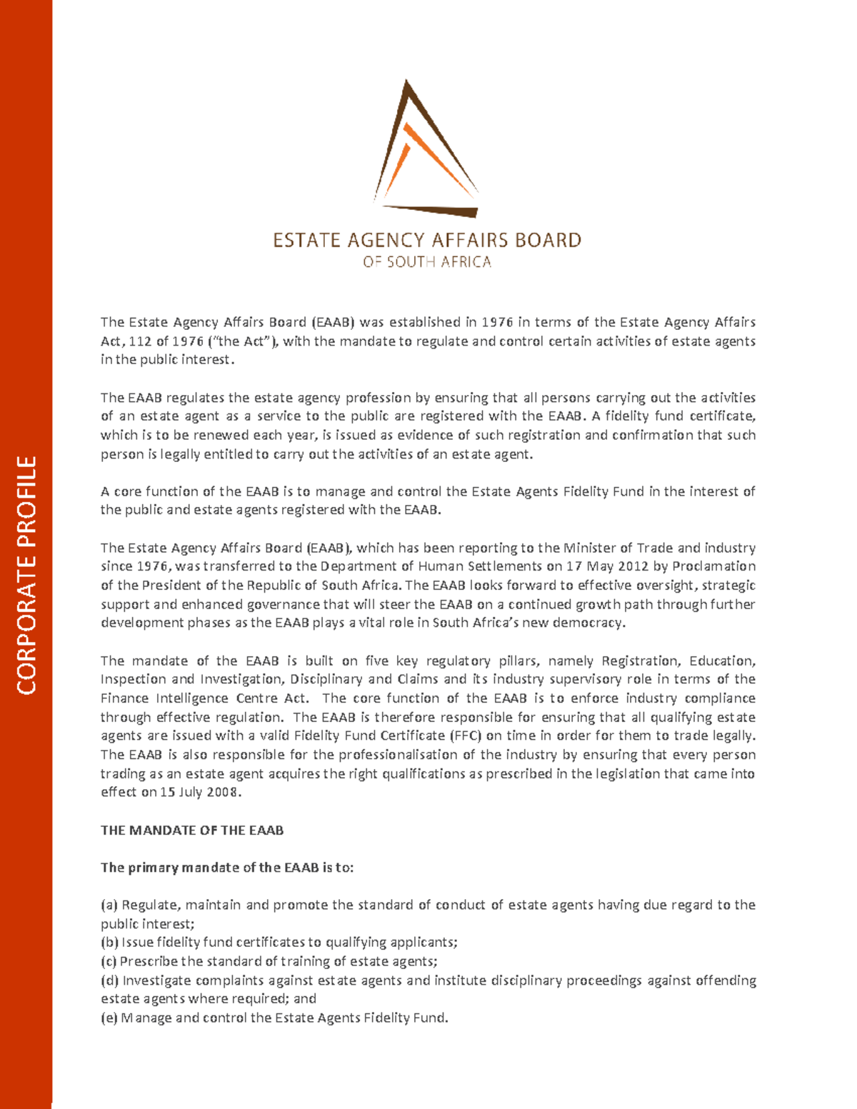 Corporate profile - HUMAN SETTLEMENT - The Estate Agency Affairs Board ...
