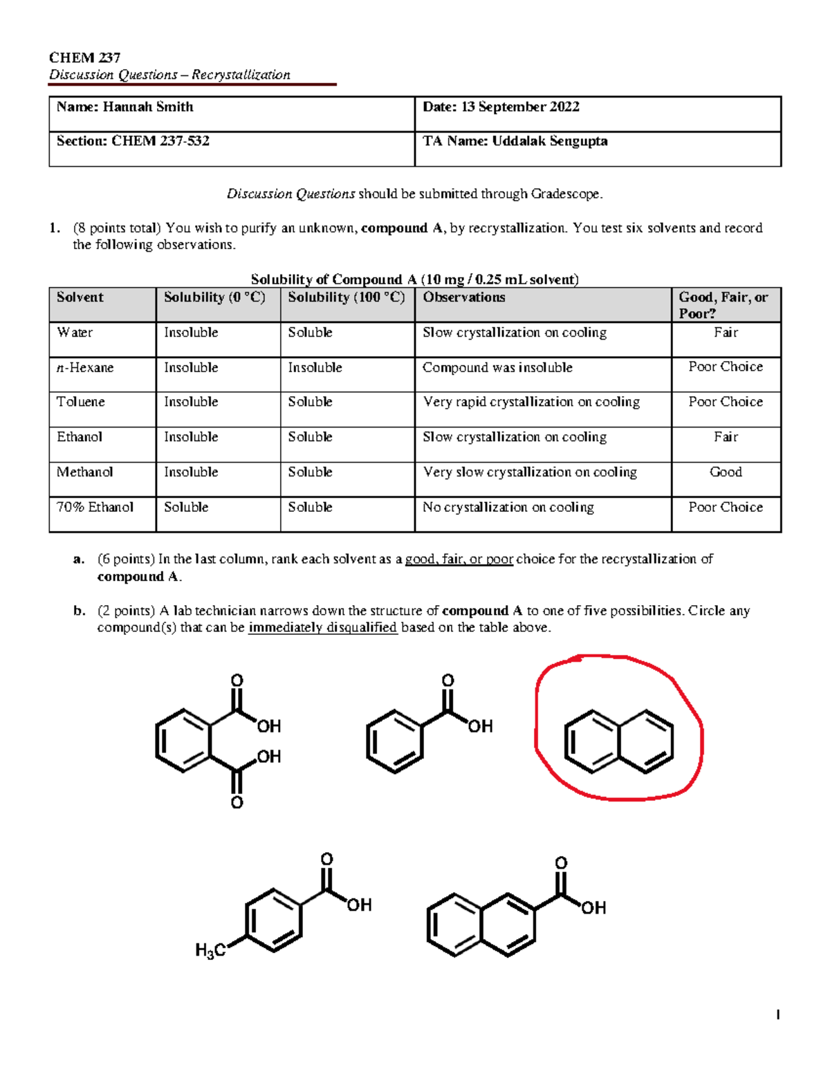 Recrystallization Discussion Questions - CHEM 237 Discussion Questions ...