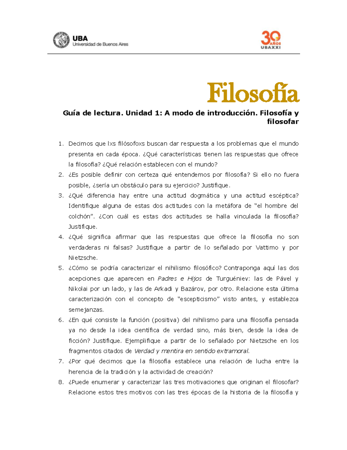 Filosofía UBA XXI-Guía De Lectura - Unidad 1 - Filosofía Guía De ...