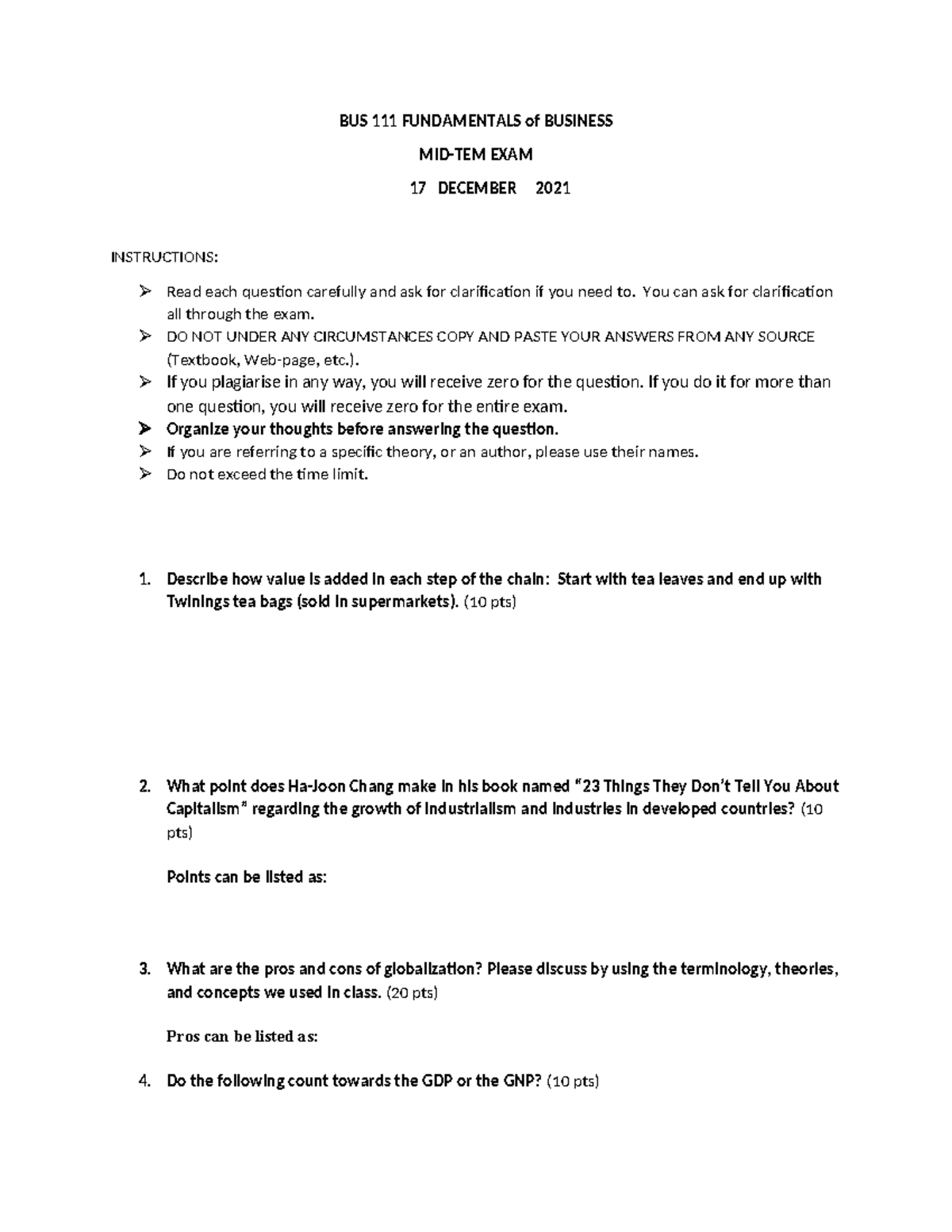 BUS111 Mid-Term - BUS 111 FUNDAMENTALS of BUSINESS MID-TEM EXAM 17 ...