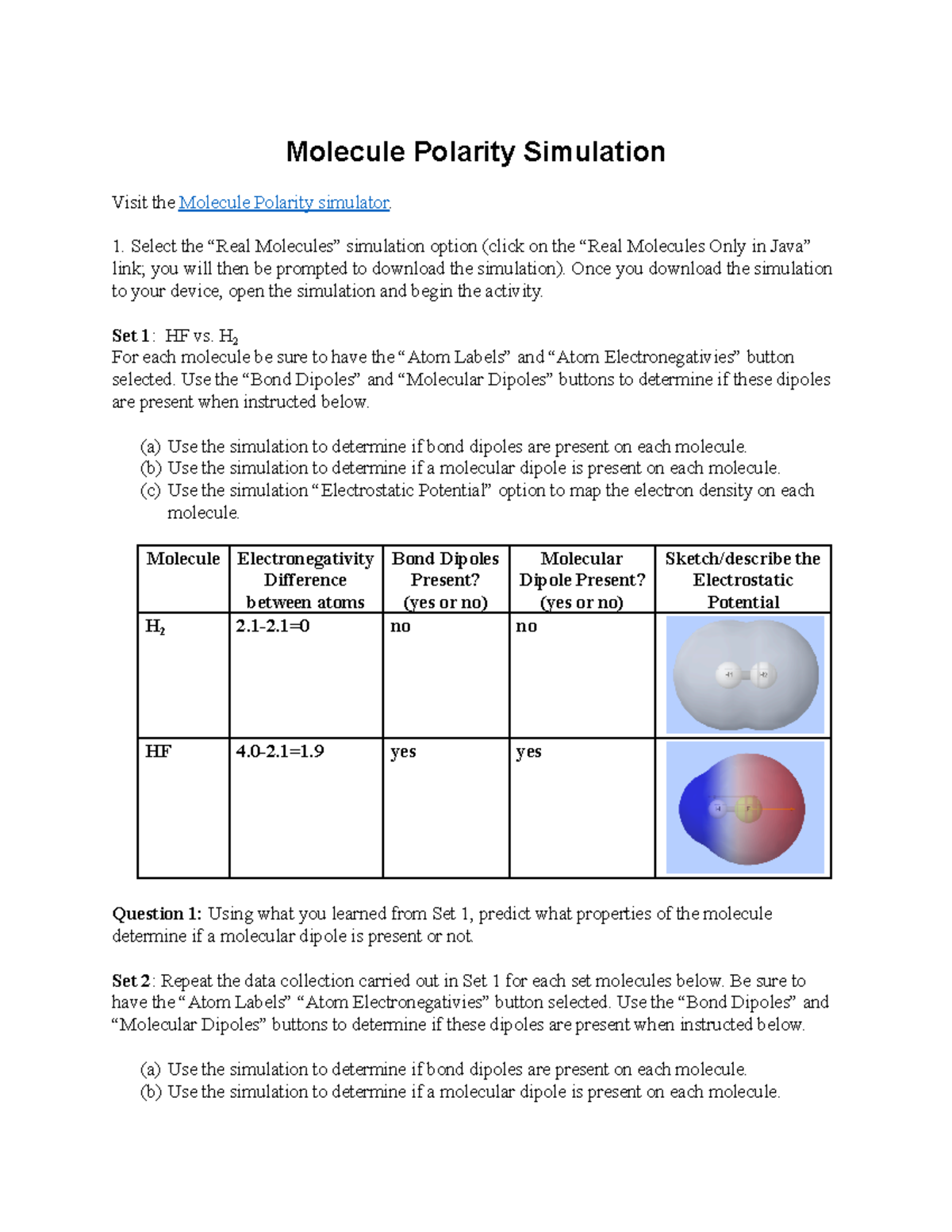 polarity experiment activity sheet