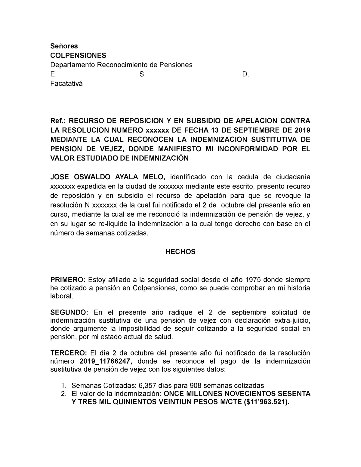 Recurso para colpensiones colombia - Señores COLPENSIONES Departamento  Reconocimiento de Pensiones - Studocu