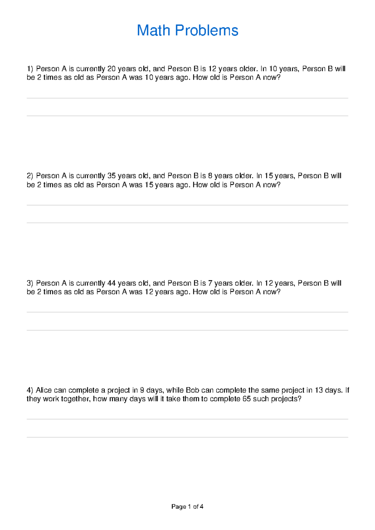 Math - practice problems - Person A is currently 20 years old, and ...