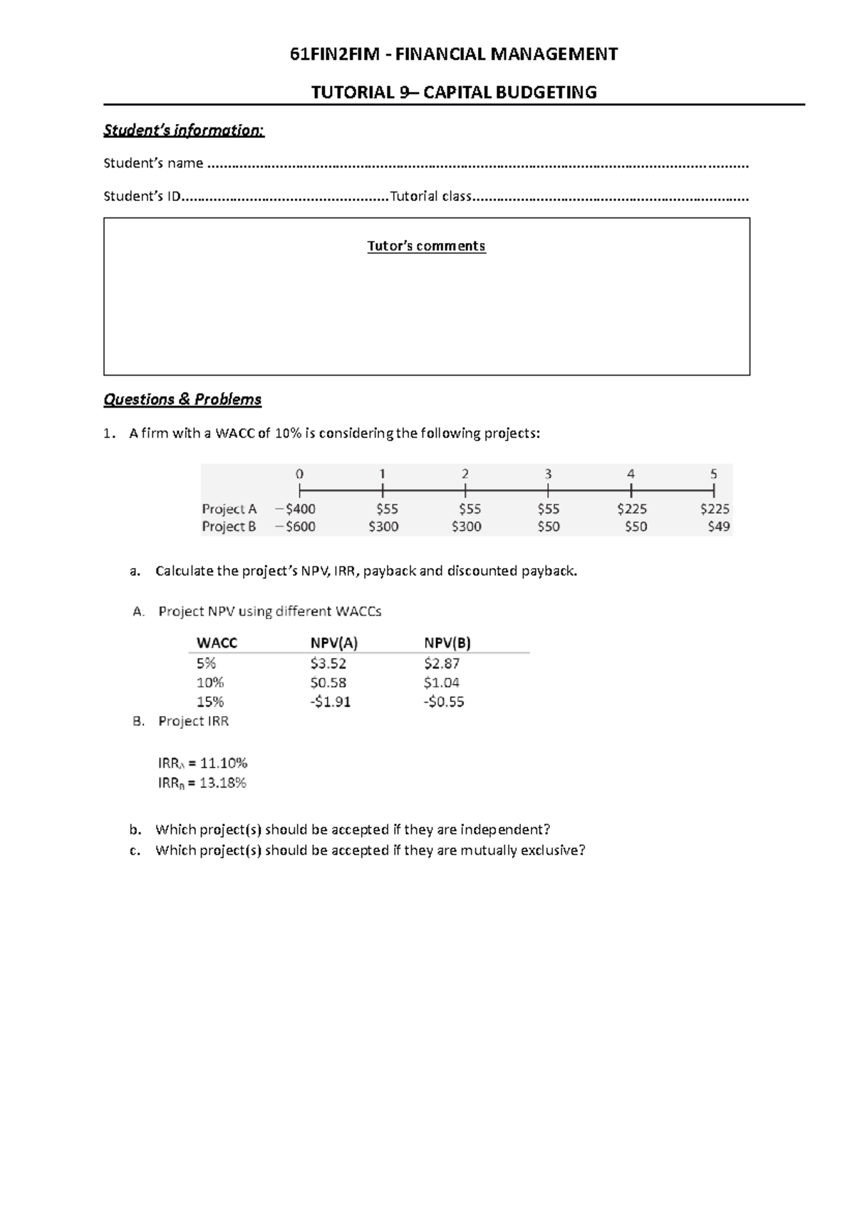 2023 Tutorial-9 -Capital-Budgeting - 61FIN2FIM - FINANCIAL MANAGEMENT ...