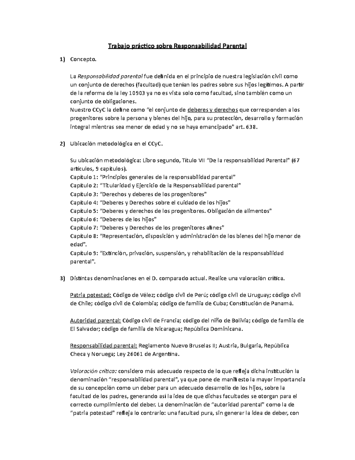 Trabajo Obligatorio Responsabilidad Parental En El Ccyc Derecho Studocu