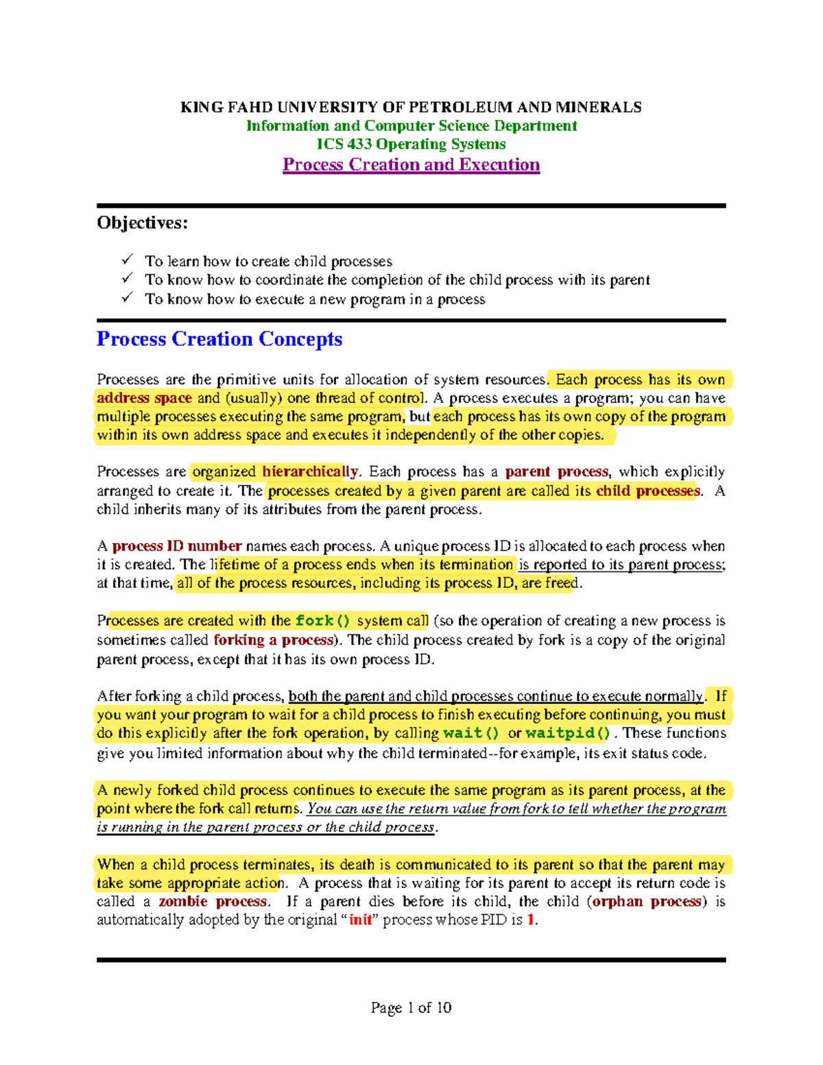 Process Creation and Execution - KING FAHD UNIVERSITY OF PETROLEUM AND ...