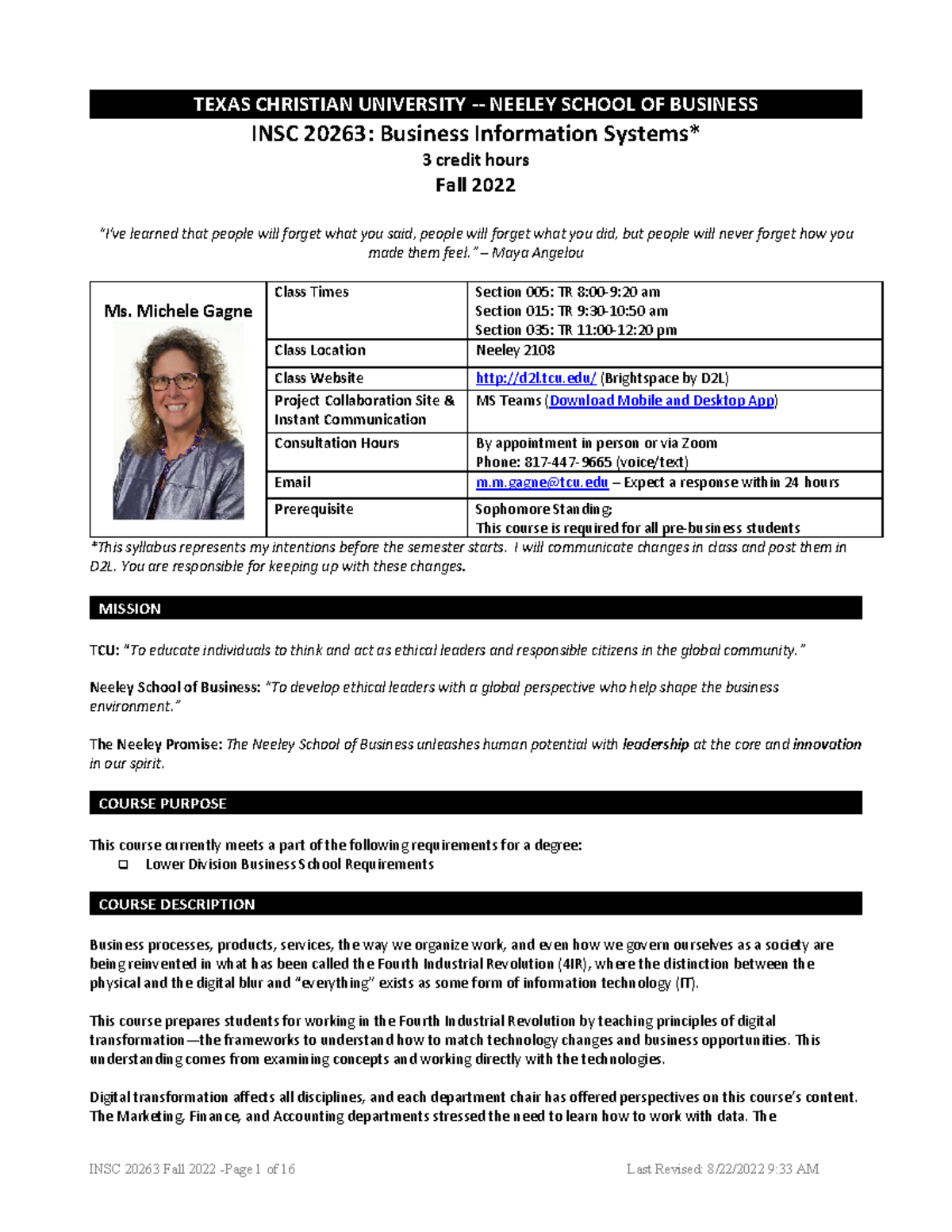 INSC 20263 Syllabus-Fall 2022-Gagne - INSC 20263 Fall 2022 -Page 1 of ...