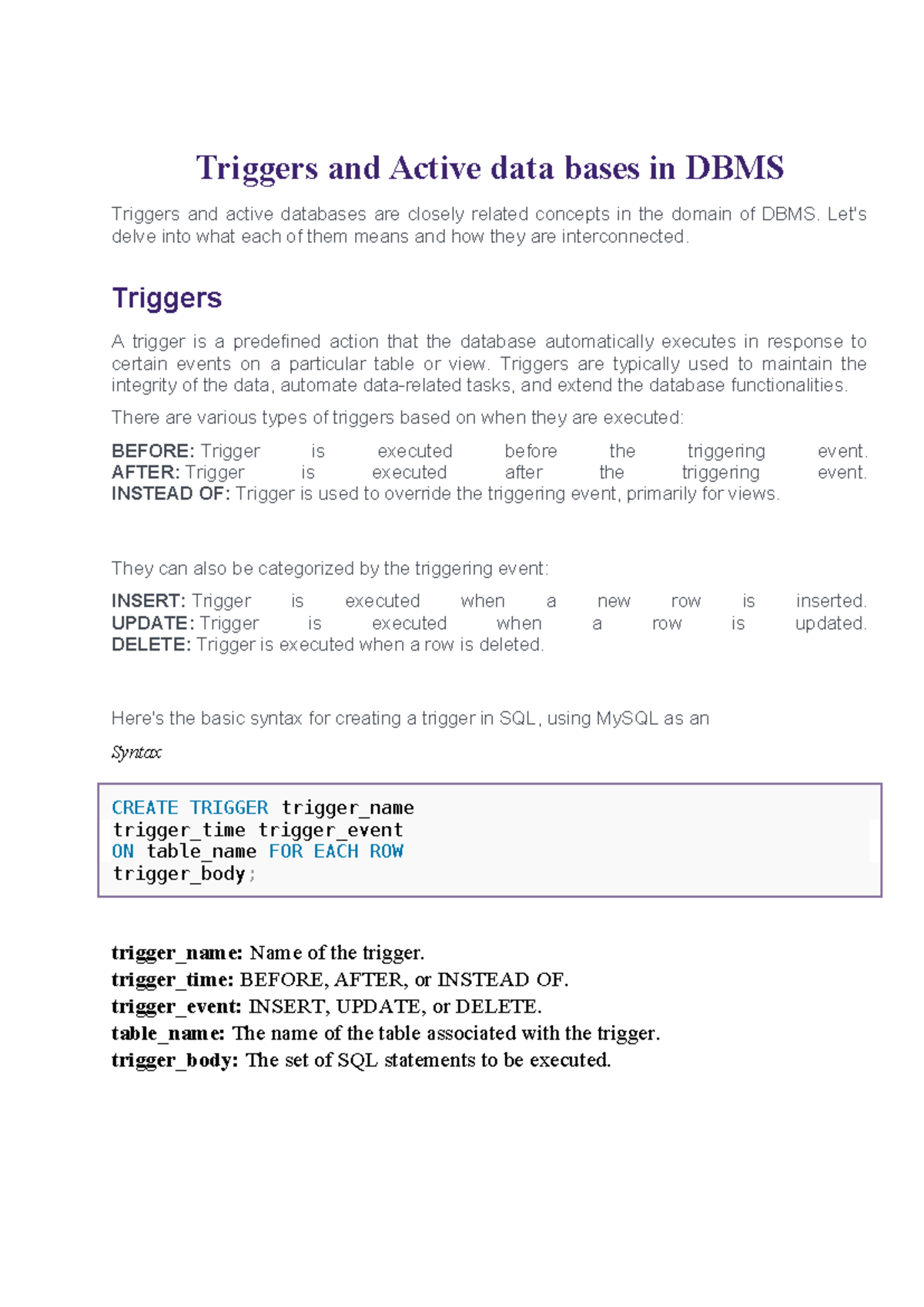 Triggers and Active data bases in DBMS - Triggers and Active data bases ...
