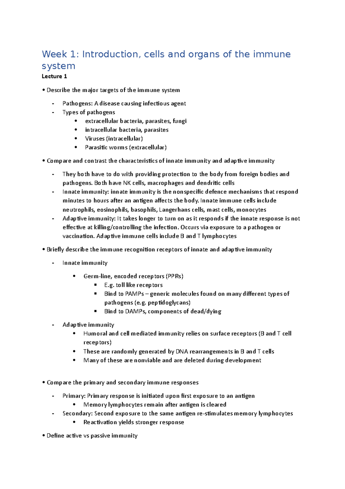 Summary of weekly learning objectives week 1 introduction cells and
