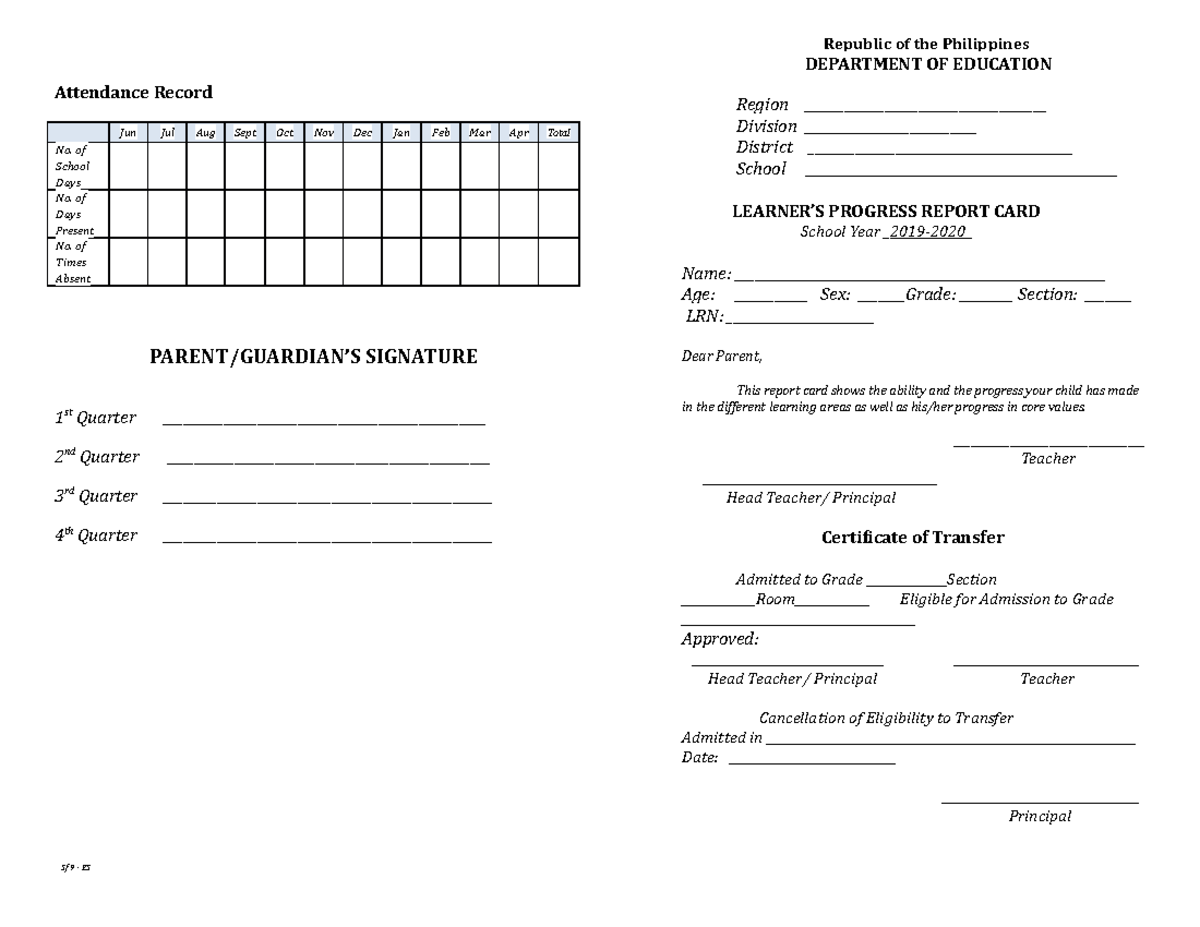 SF9 (Learners Progress Report Card) Template for ES - Attendance Record ...