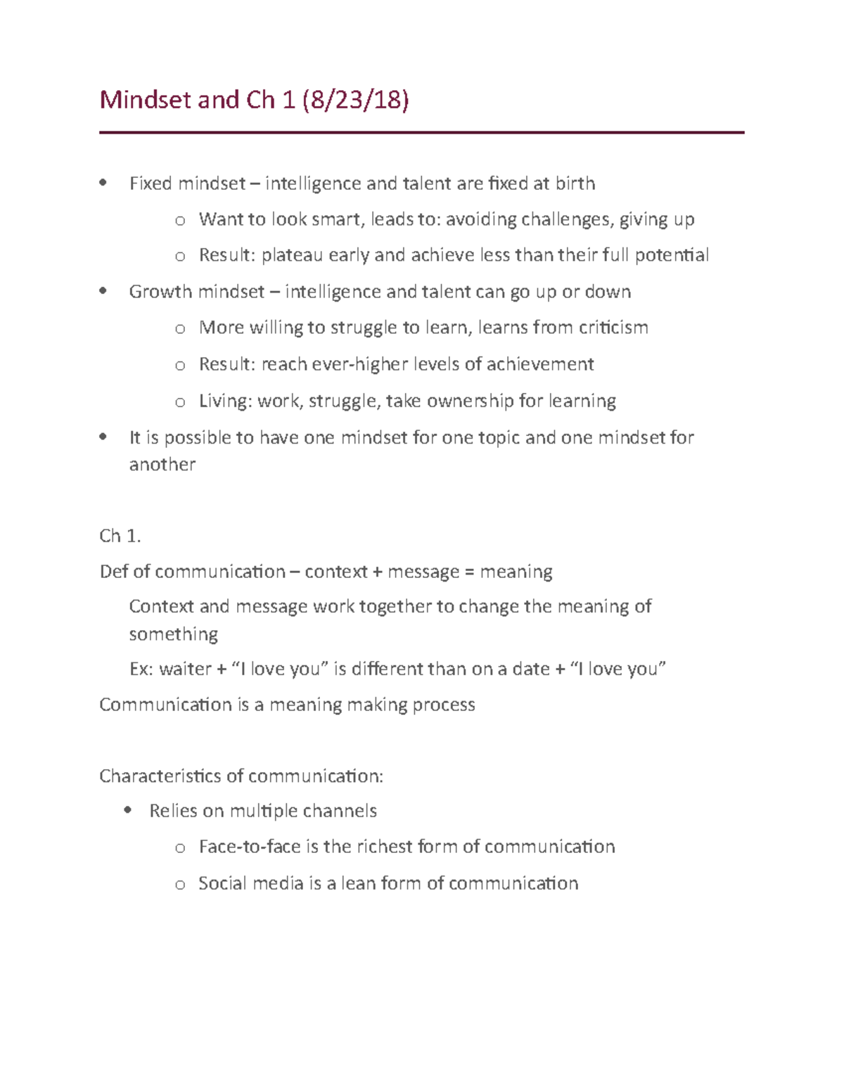 Mindset and Ch 1 - Dr. Adame - Mindset and Ch 1 (8/23/18) Fixed mindset ...