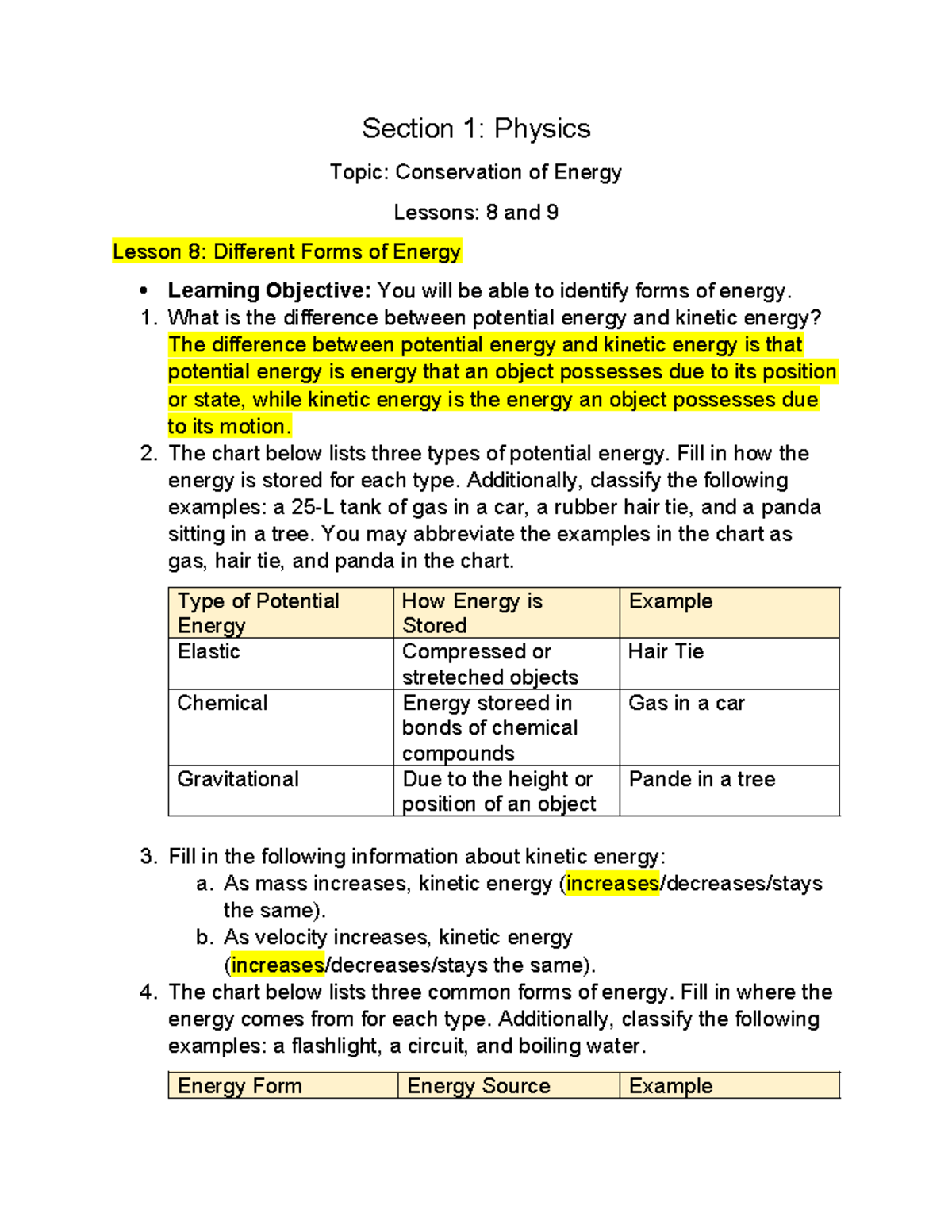 Conservation of Energy - Section 1: Physics Topic: Conservation of ...