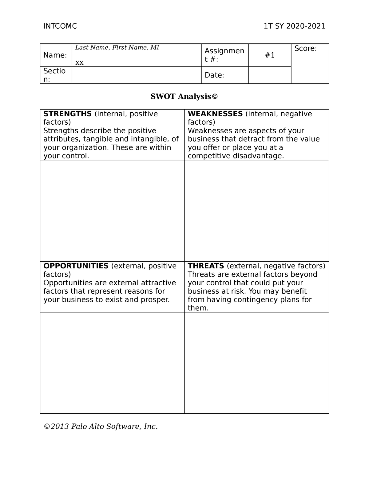 SWOT Analysis Template - INTCOMC 1T SY 2020- Name: Last Name, First ...