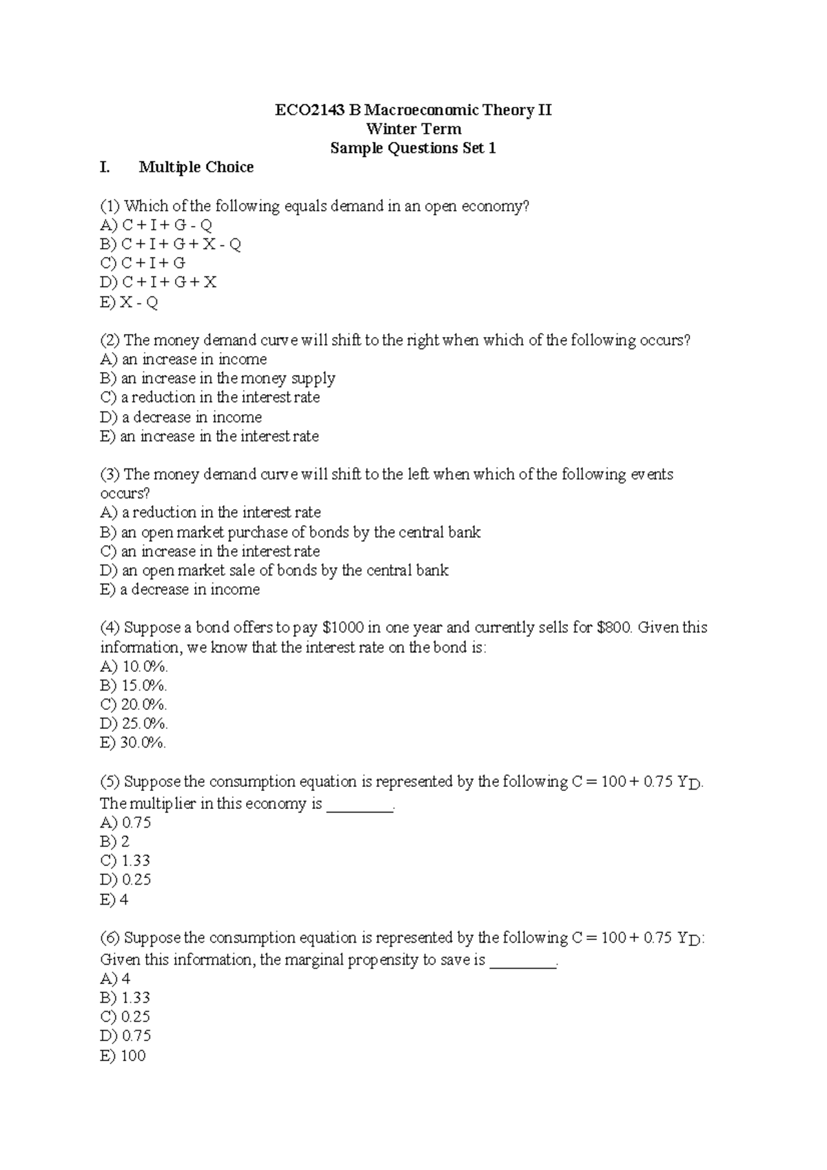 Midterm 1 - ECO2143 B Macroeconomic Theory II Winter Term Sample ...