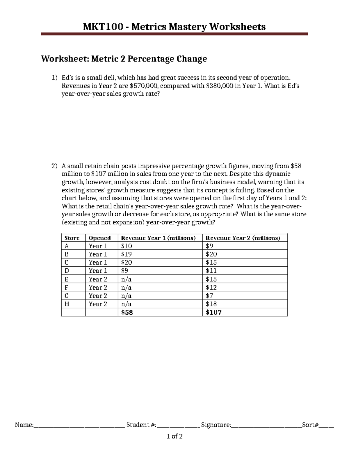 Metrics 2 Mastery Worksheets - Handout - MKT100 - Metrics Mastery ...