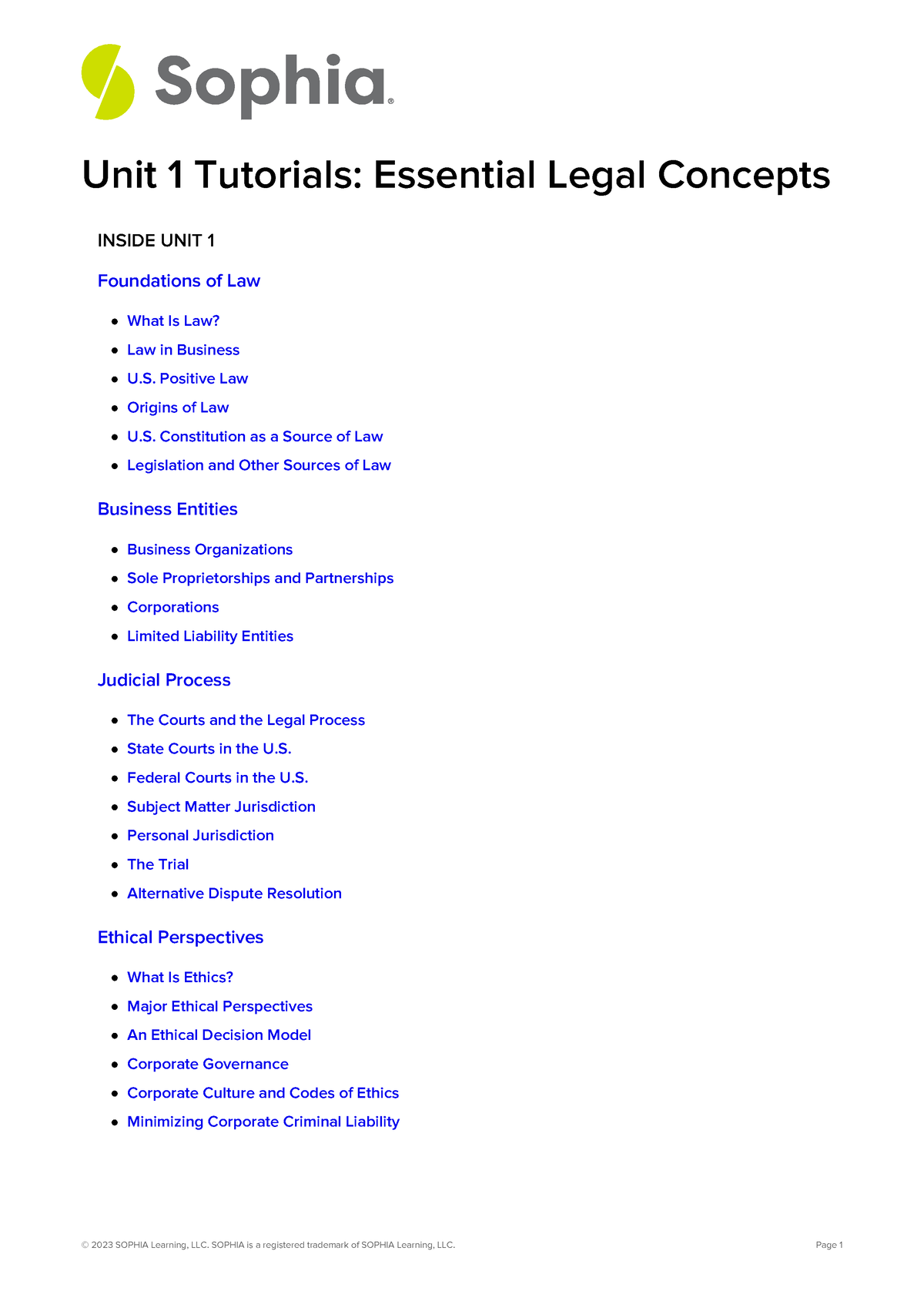 Business Law Unit 1 - Unit 1 Tutorials: Essential Legal Concepts INSIDE ...