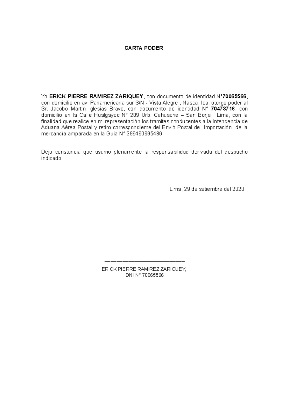 Carta poder - aduana courier - CARTA PODER Yo ERICK PIERRE RAMIREZ ...
