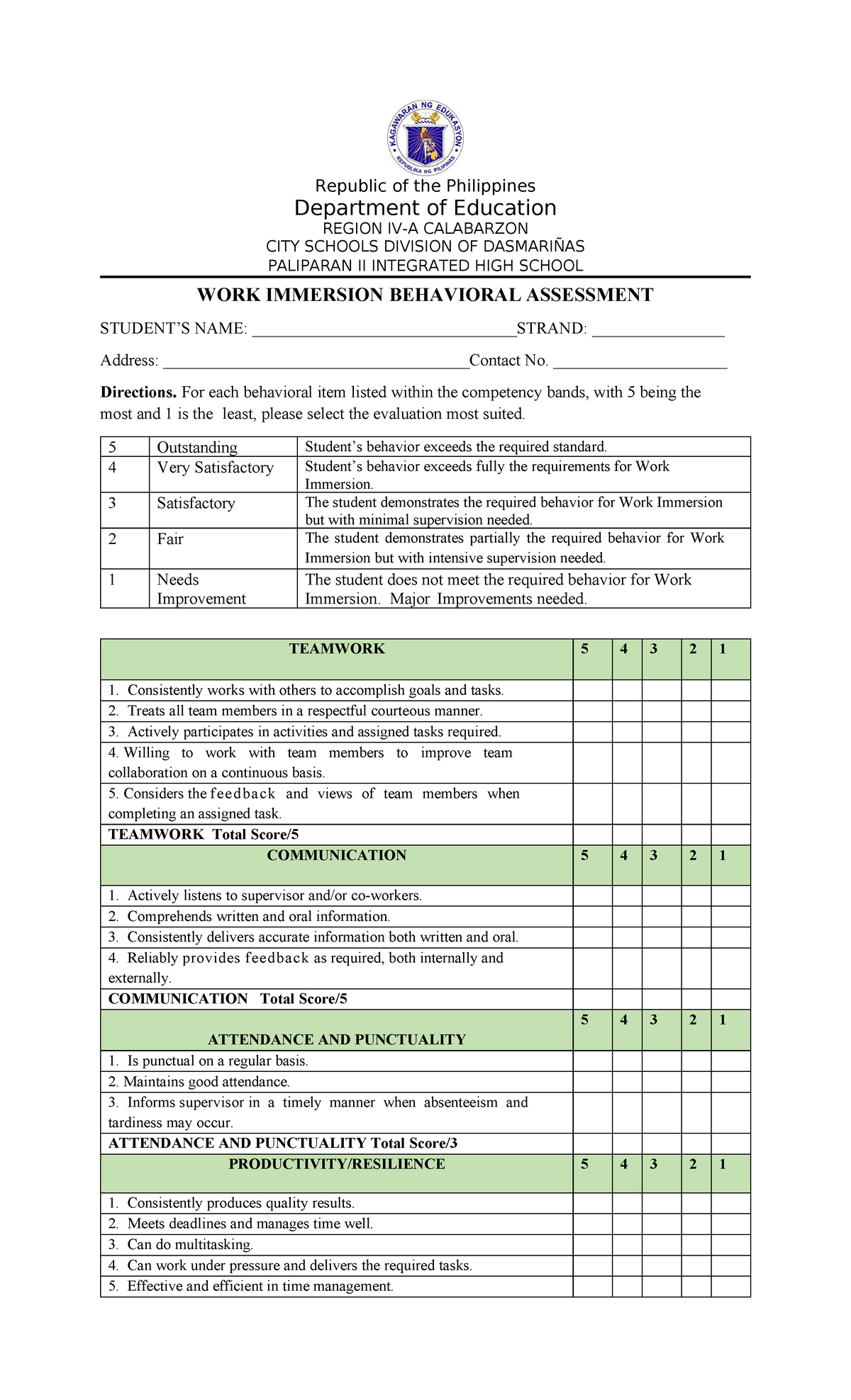 Behavioral-TOOL- Humss - Republic of the Philippines Department of ...