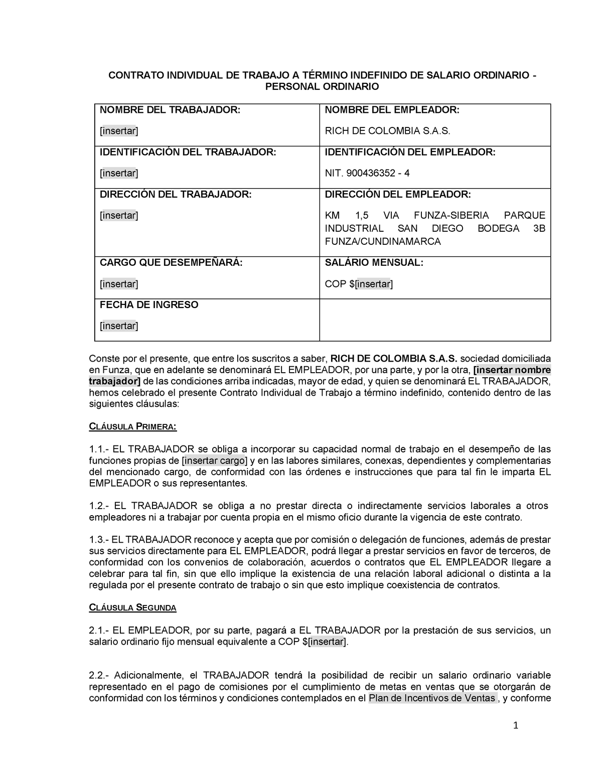 Modelo contrato de trabajo de personal comercial - salario ordinario -  personal ordinario - Studocu
