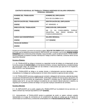 Modelo contrato de trabajo de personal comercial - salario ordinario -  personal ordinario - Studocu