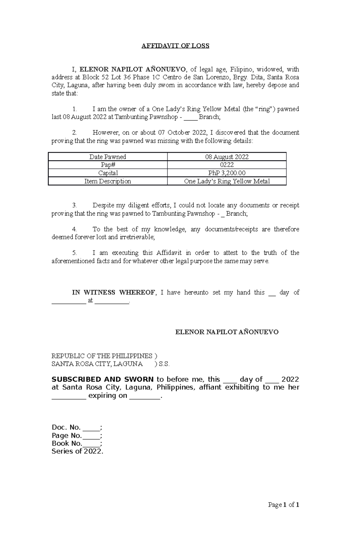 Affidavit of Loss ENA - AOL - AFFIDAVIT OF LOSS I, ELENOR NAPILOT ...