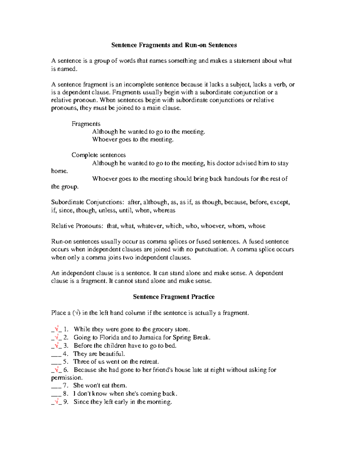 Fragments And Run Ons Worksheet Answers